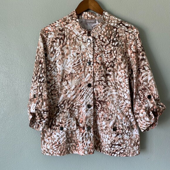 Chico's Women's Animal Print White Tan Pink 3/4 Roll Tab Sleeve Button Jacket - Picture 1 of 11